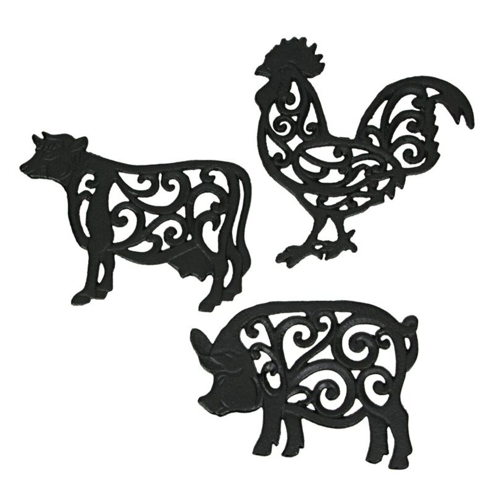 Set of 3 Black Cast Iron Farm Animal Kitchen Trivets Decorative Wall Hanging Art
